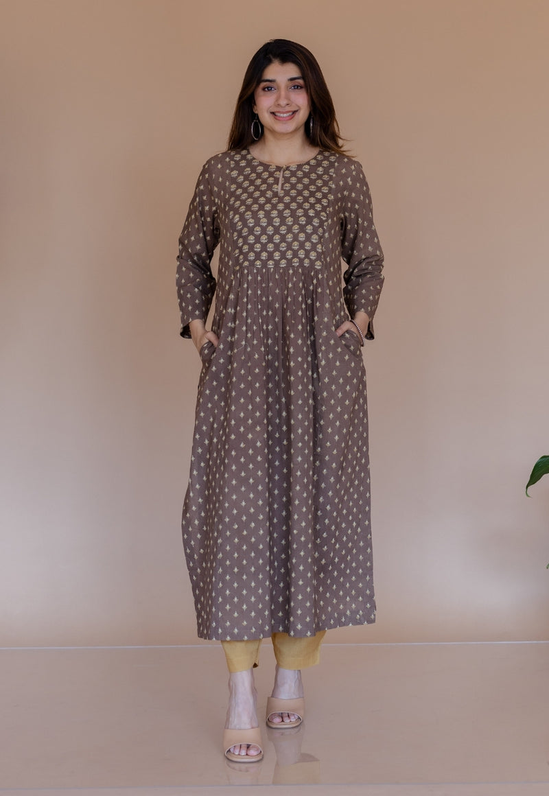 Shikha Brown Ajrakh Cotton Kali Kurta