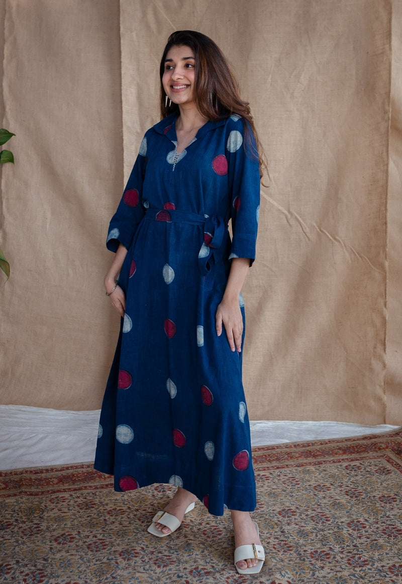 Alzira Navy Blue Dabu Slub Cotton A Line Dress with Embroidery