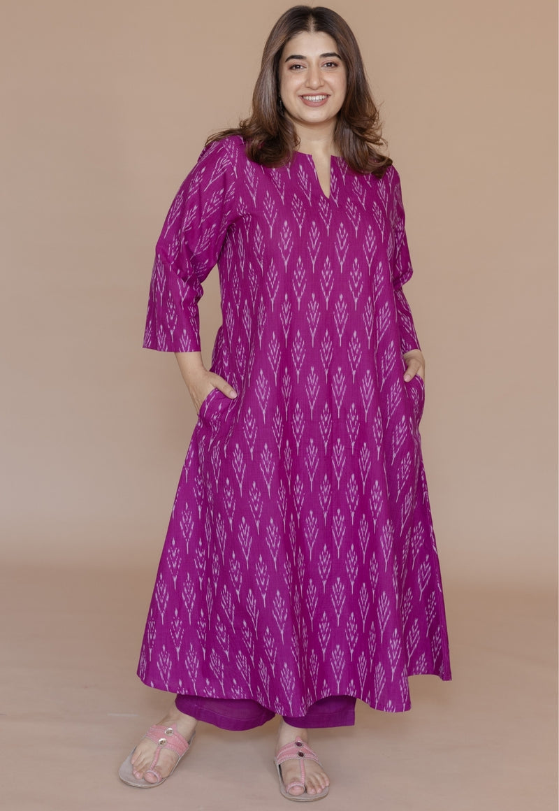 Geet Purple Handloom Ikkat Cotton A Line Kurta