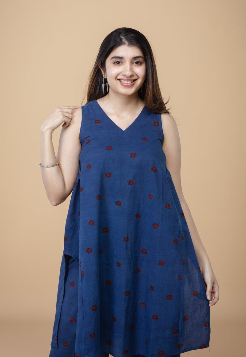 Arvika Blue Ajrakh Cotton A Line Co-ord Set