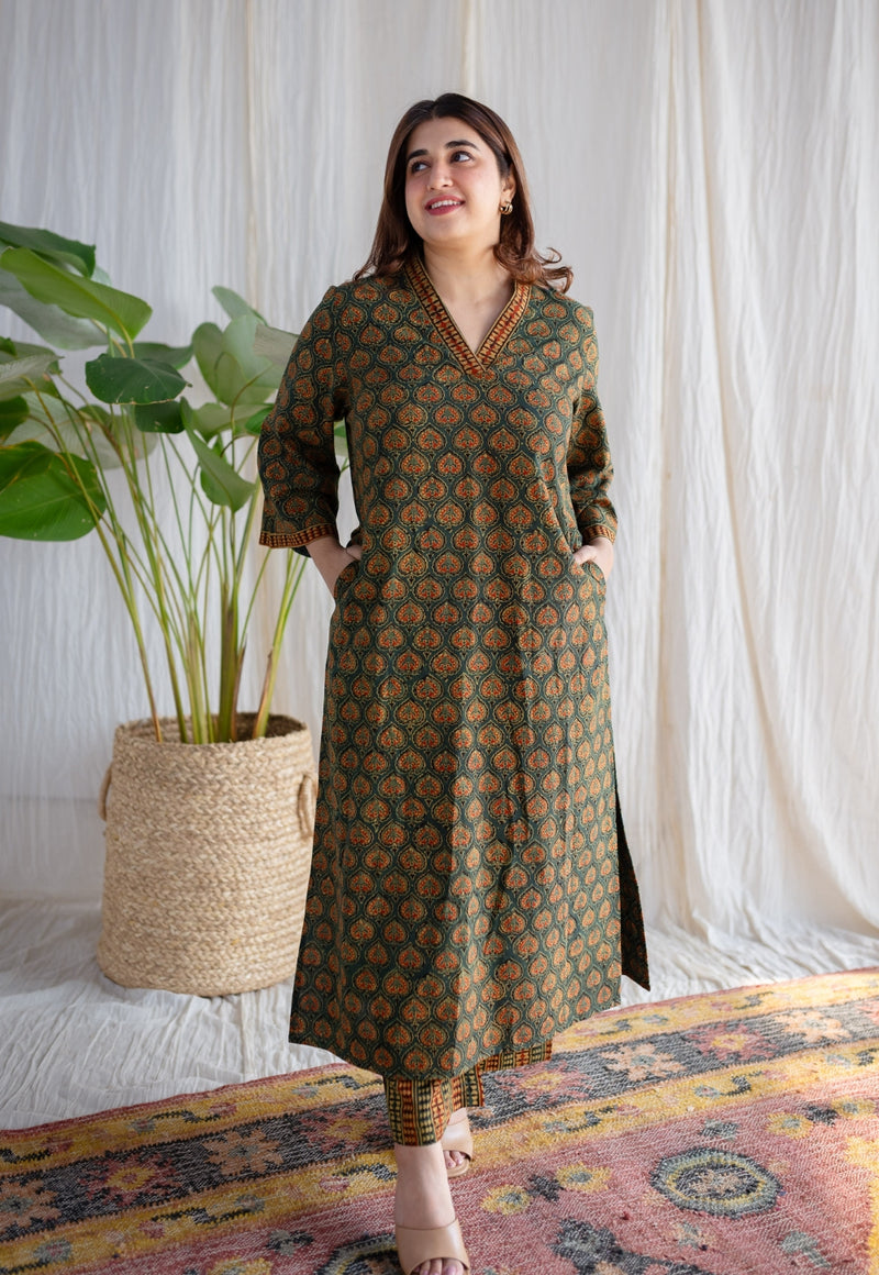 Shanza Green Ajrakh Cotton A Line Kurta