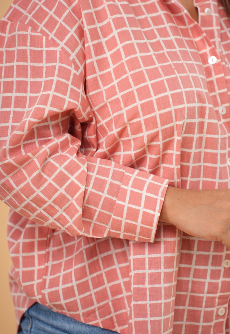 Ruhi Red Hand Block Print Slub Coton Anti-Fit Shirt