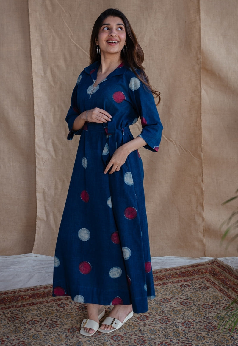 Alzira Navy Blue Dabu Slub Cotton A Line Dress with Embroidery