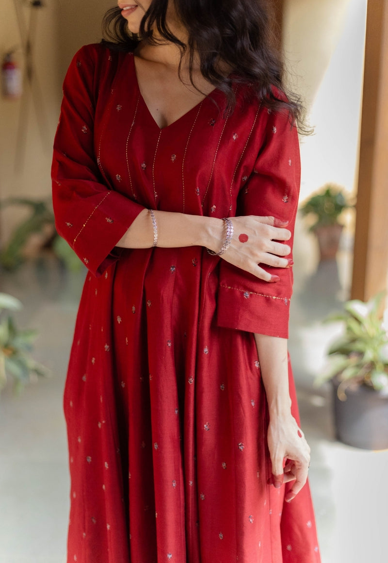 Advika Madder Ajrakh Chanderi Silk Kali Kurta with Hand Embroidery