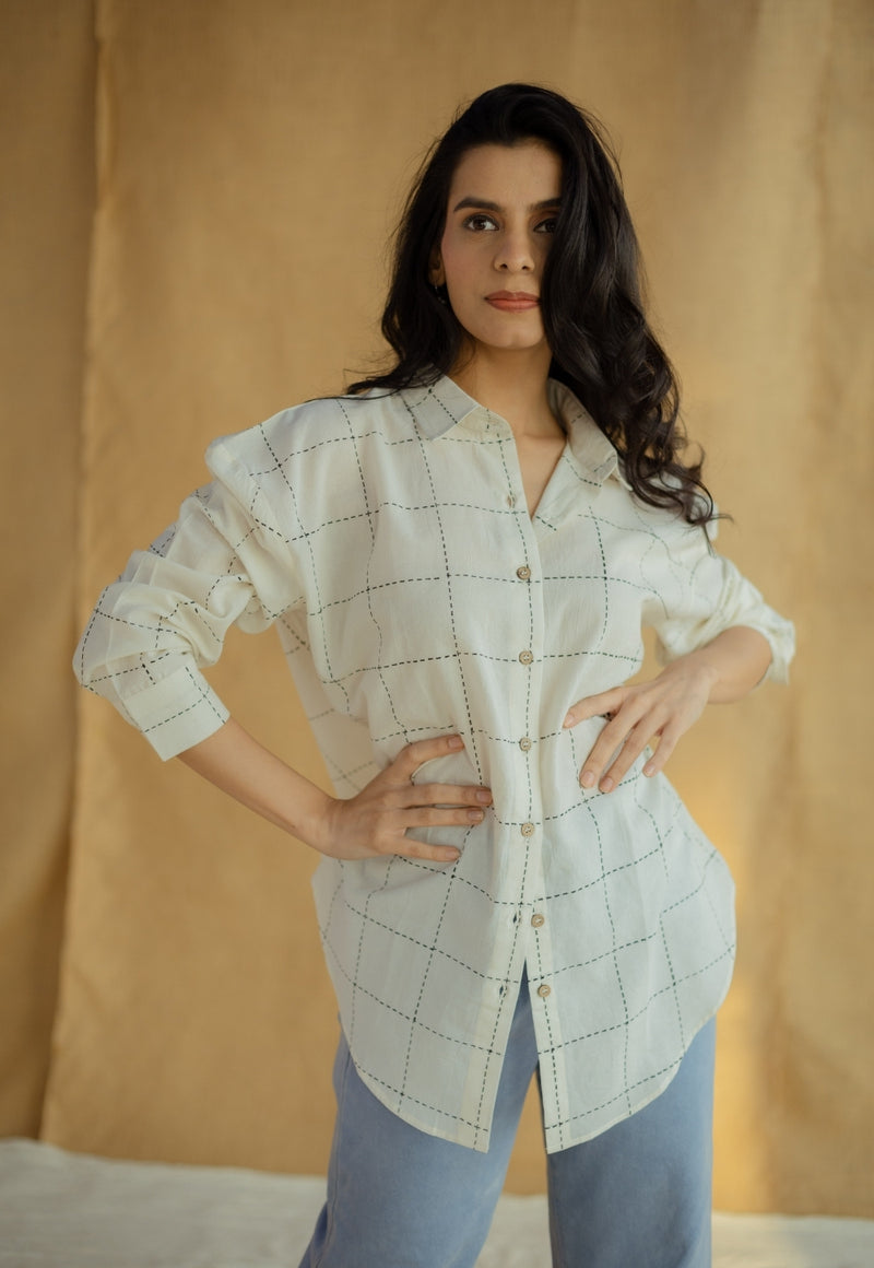 Ruhi White Block Printed Cotton Loose Shirt