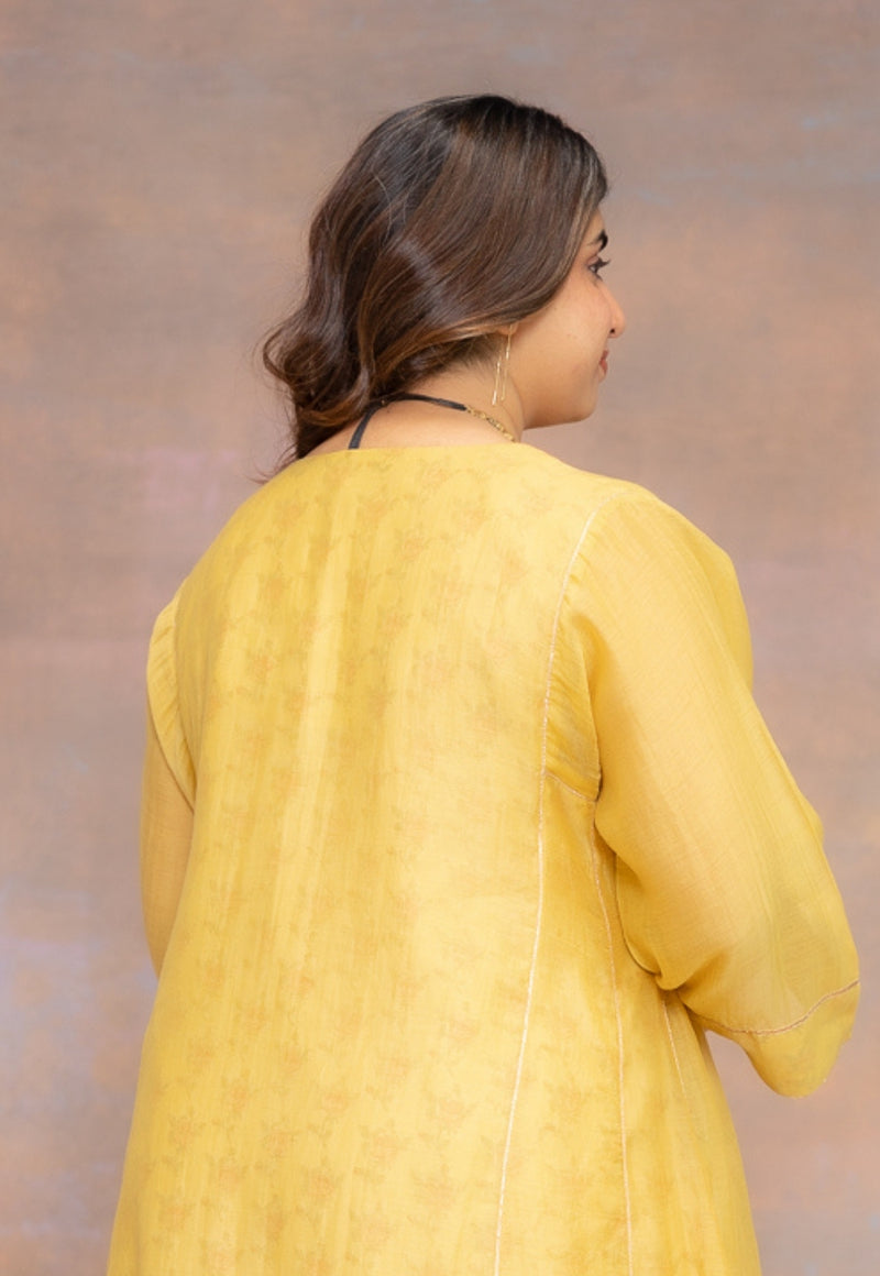Rosa Yellow Solid Chanderi Slik Jhabbha Kali Kurta with Lace Detailing