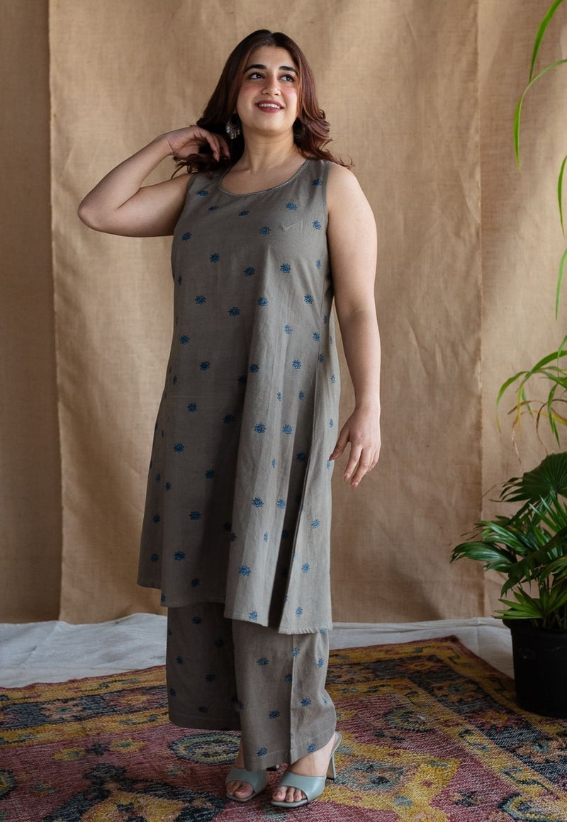 Kamal Grey Ajrakh Cotton A Line Kurta with Hand Embroidery