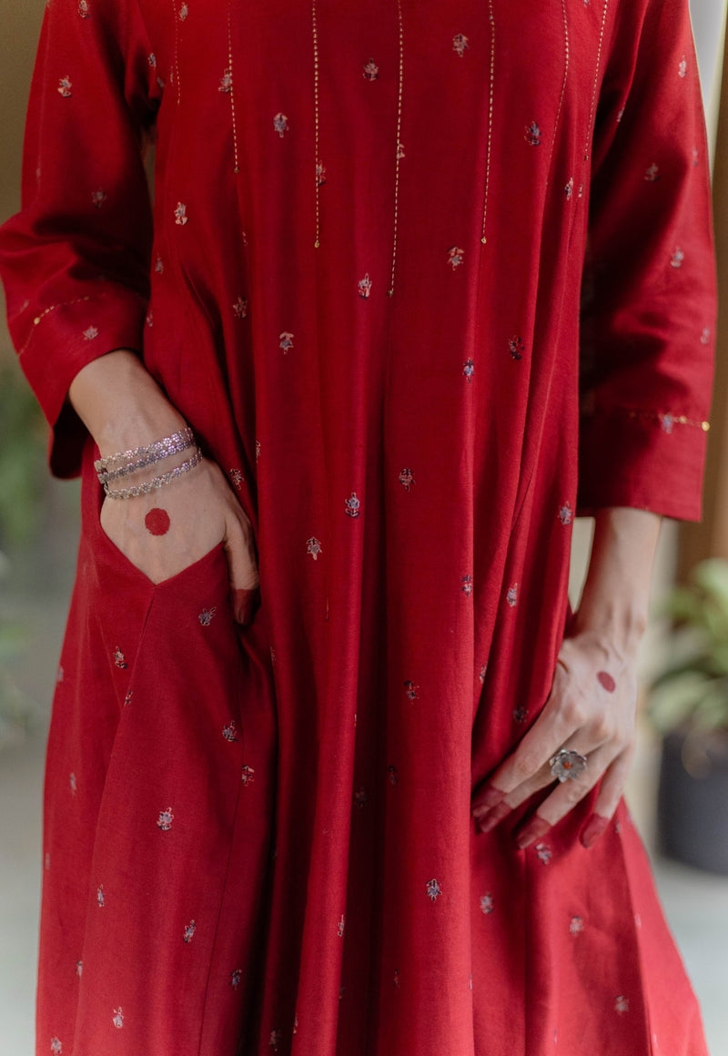 Advika Madder Ajrakh Chanderi Silk Kali Kurta with Hand Embroidery