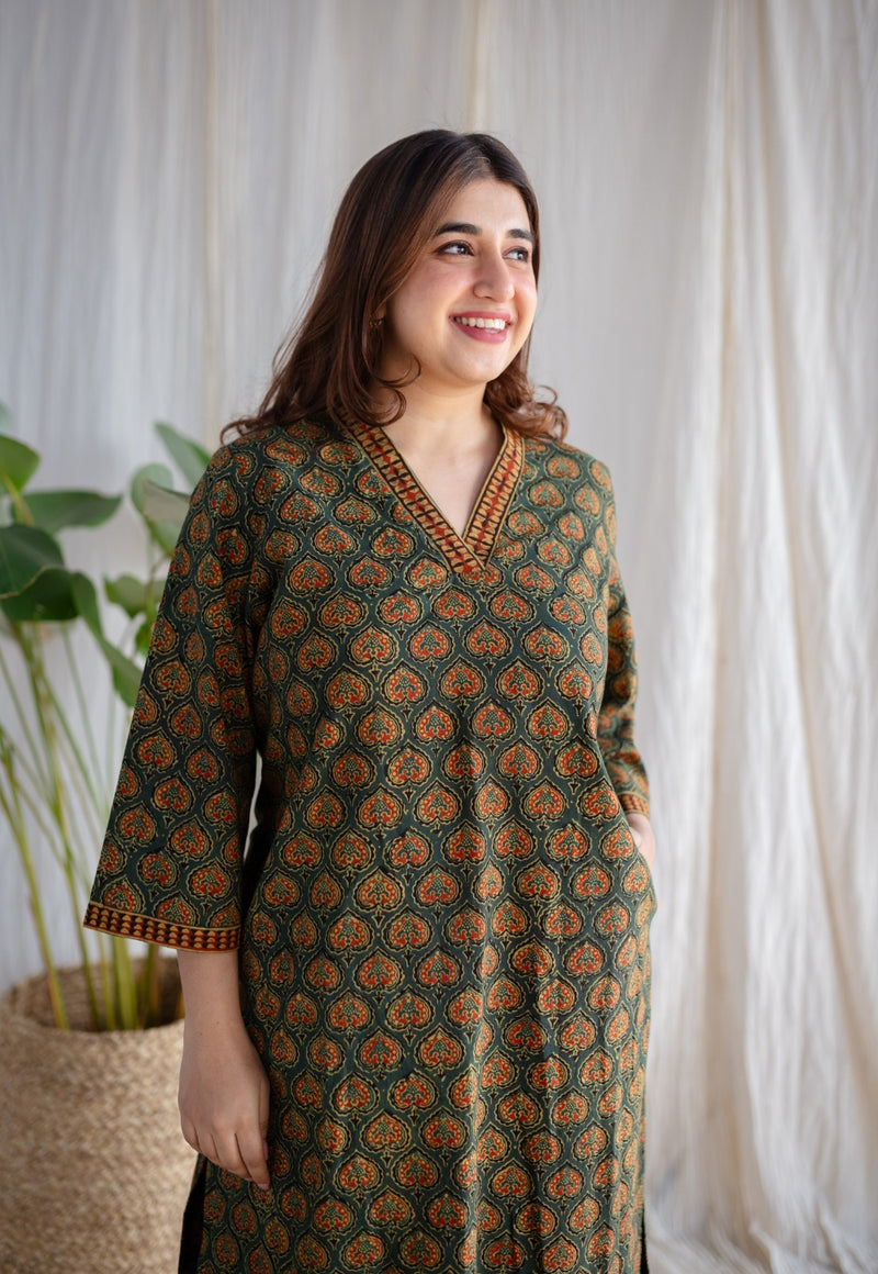 Shanza Green Straight Ajrakh Cotton Kurta