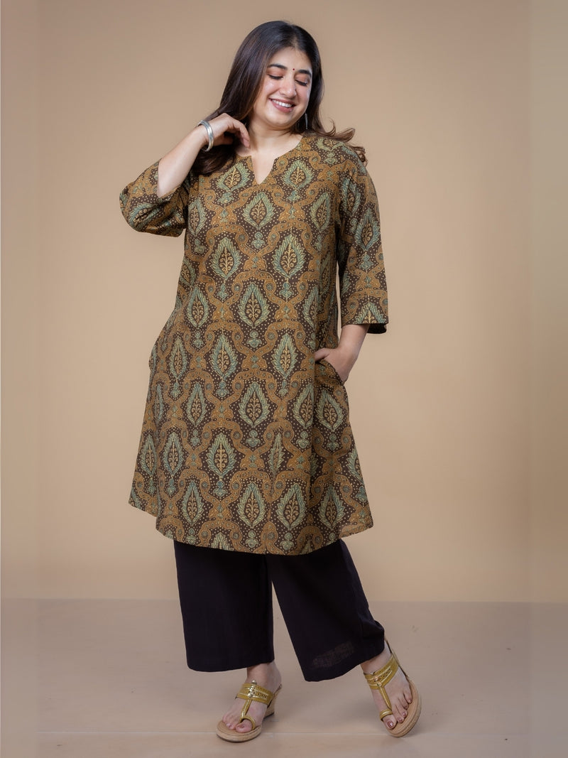 Daksha Brown Ajrakh Cotton A Line Kurta