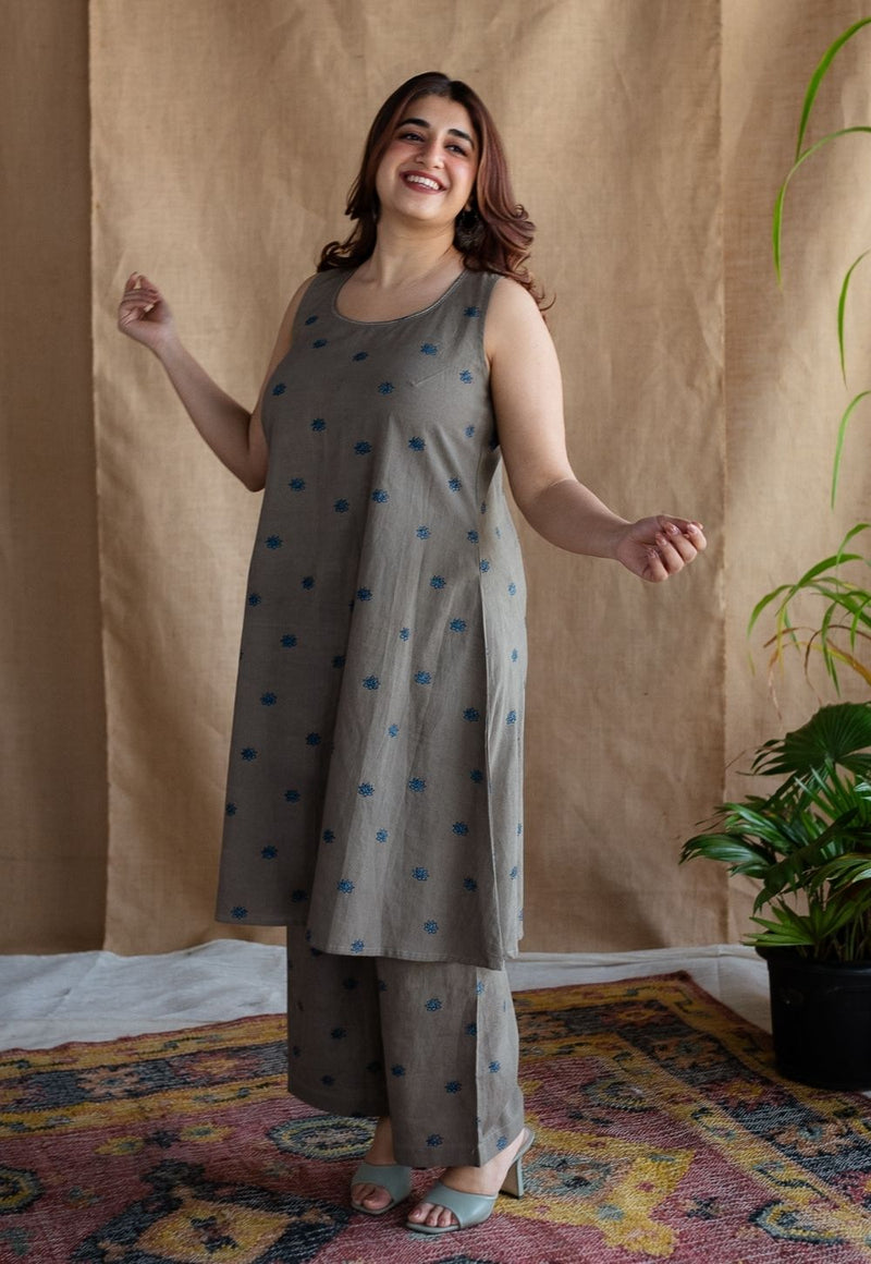 Kamal Grey Ajrakh Cotton A Line Kurta with Hand Embroidery