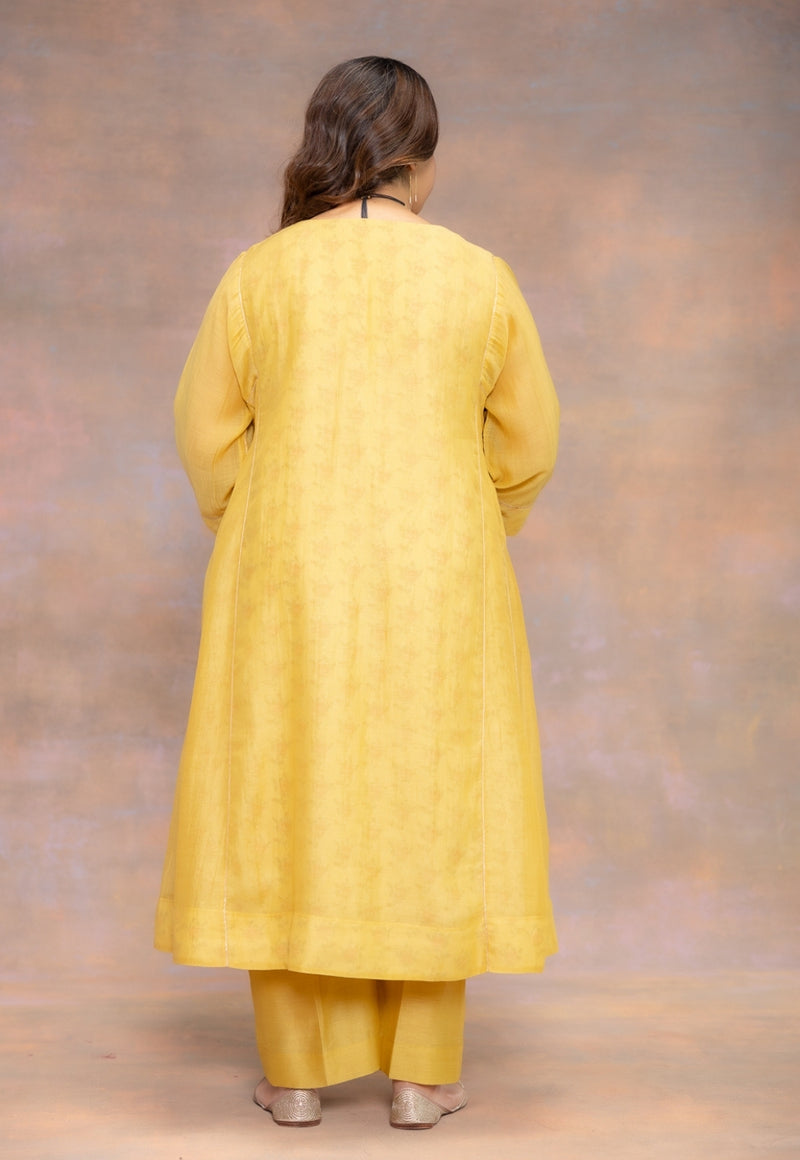 Rosa Yellow Solid Chanderi Slik Jhabbha Kali Kurta with Lace Detailing