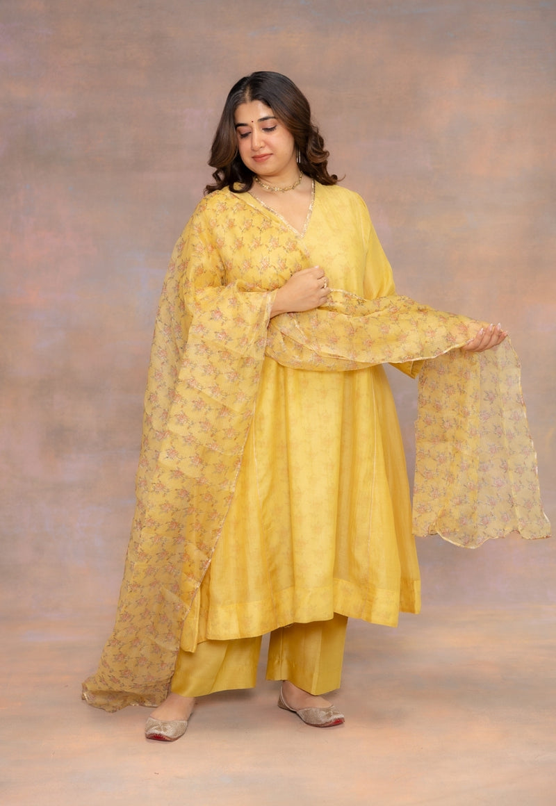 Rosa Yellow Solid Chanderi Slik Jhabbha Kali Kurta with Lace Detailing