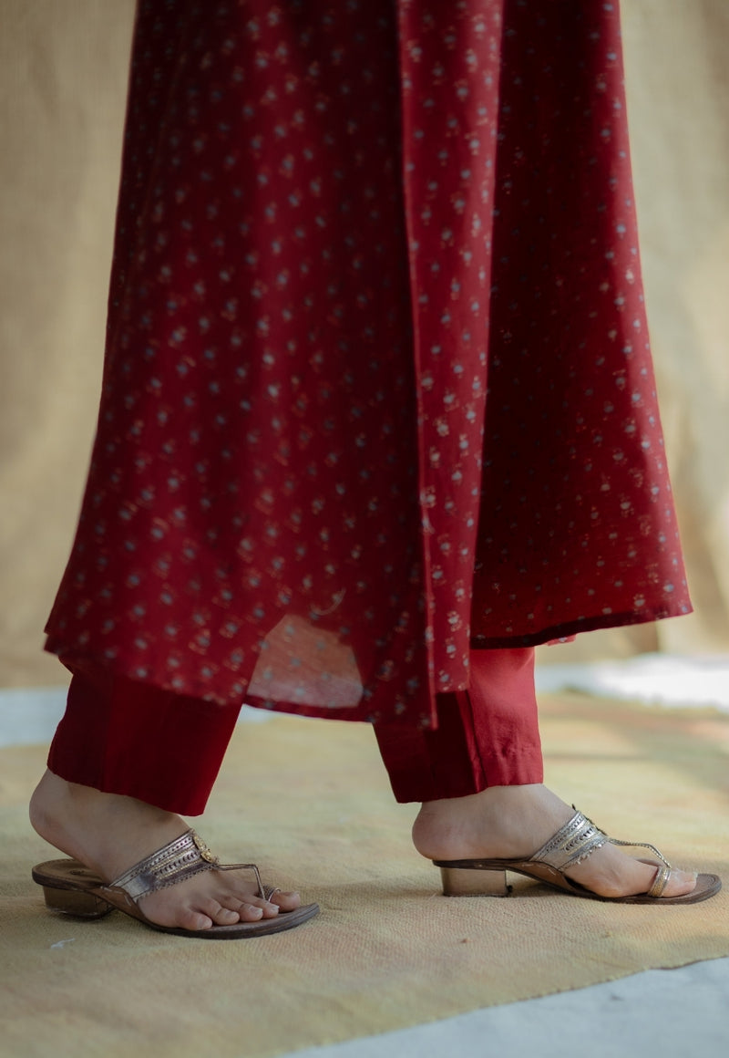 Malvika Madder Ajrakh Chanderi Silk A Line Kurta with Hand Embroidery