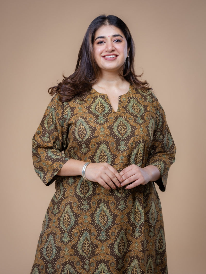 Daksha Brown Ajrakh Cotton A Line Kurta