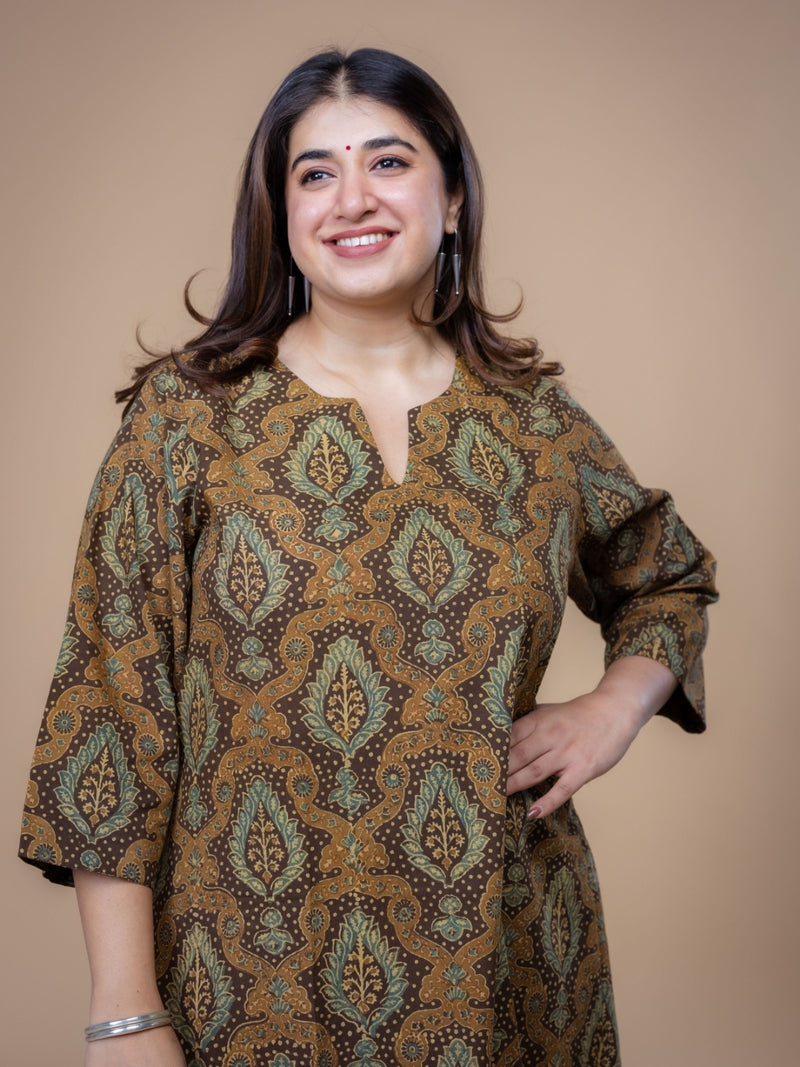 Daksha Brown Ajrakh Cotton A Line Kurta