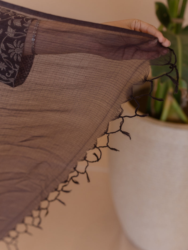 Coffee Black Solid Kota Doria Cotton Dupatta