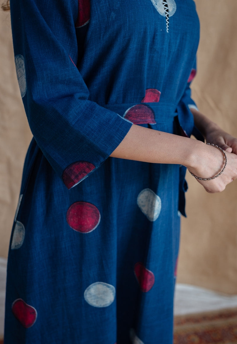 Alzira Navy Blue Dabu Slub Cotton A Line Dress with Embroidery