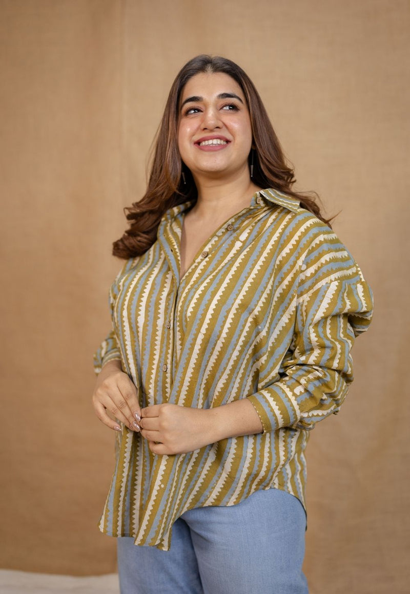 Ruhi Olive Green Batik Cotton Loose Shirt