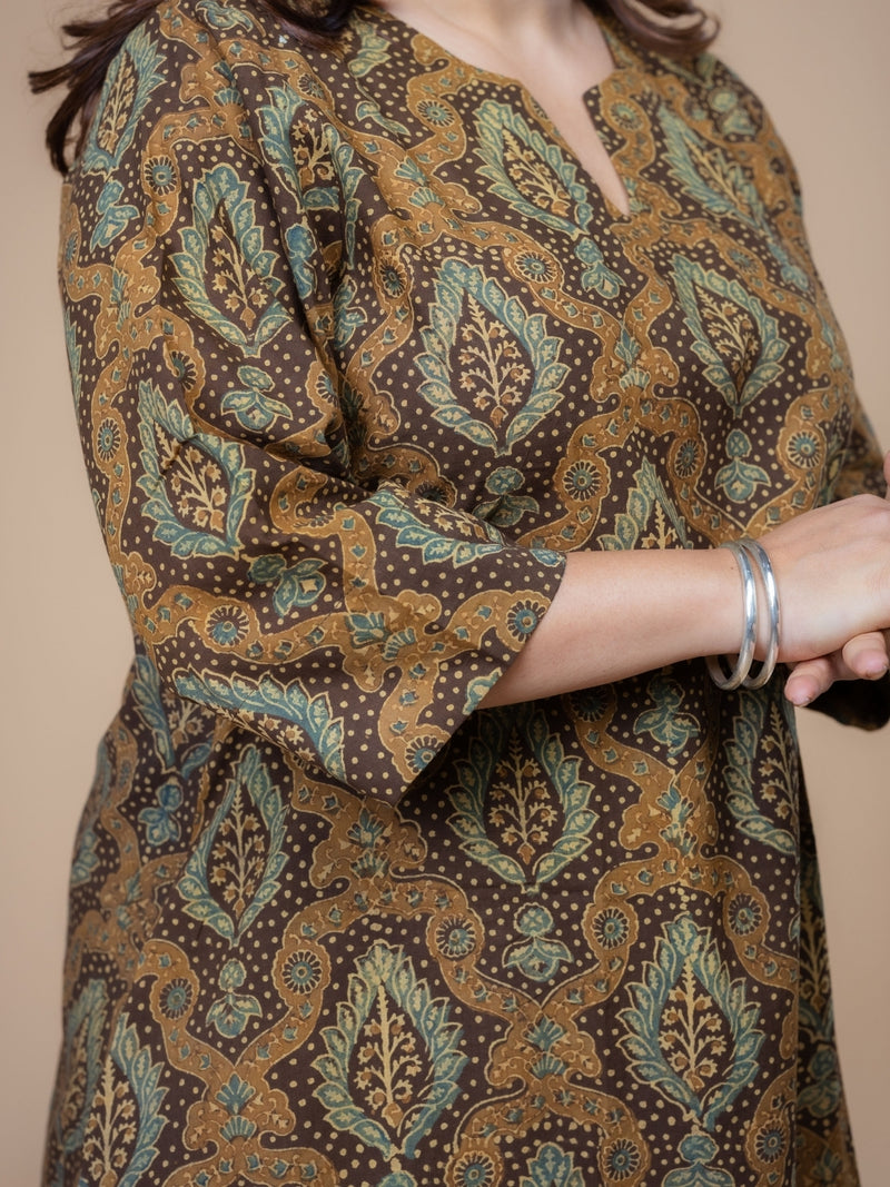 Daksha Brown Ajrakh Cotton A Line Kurta