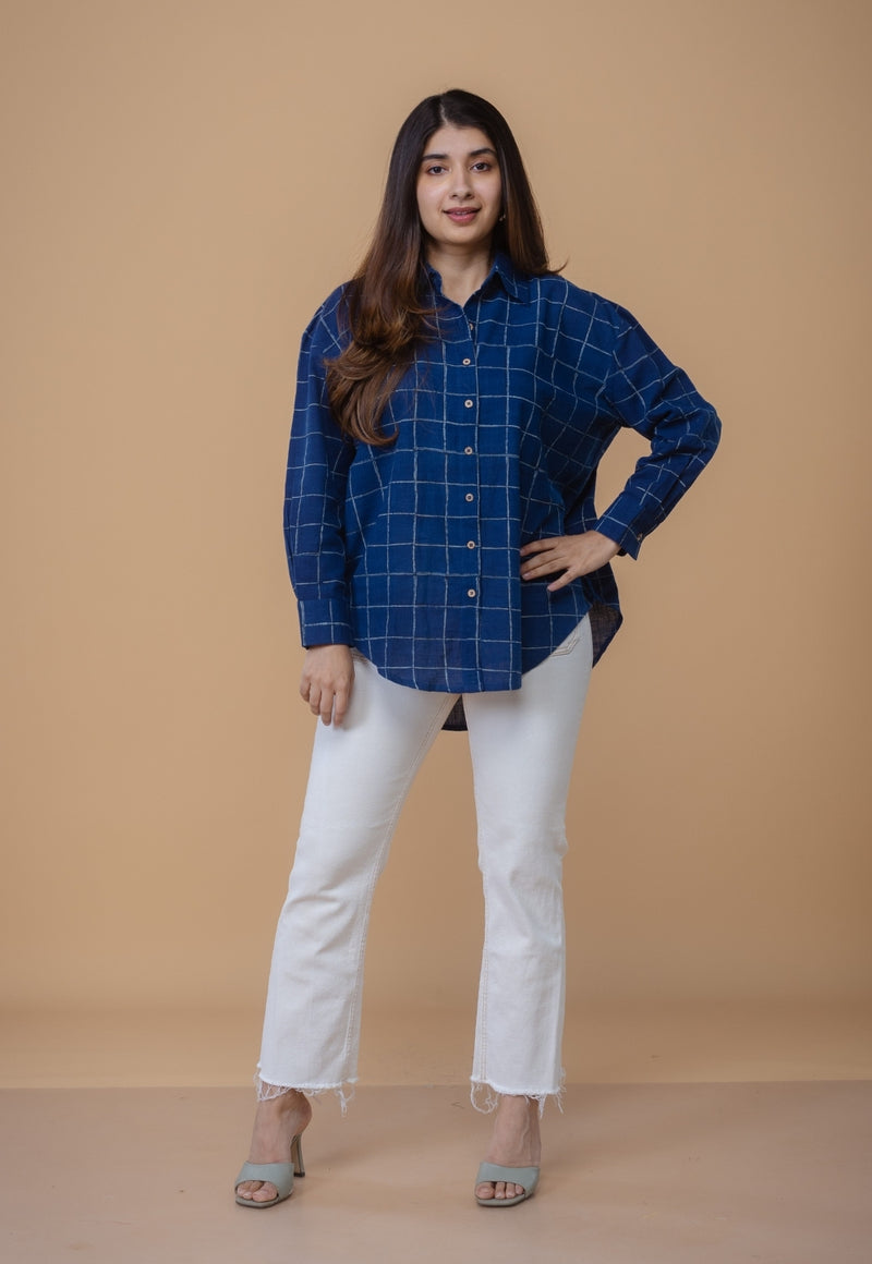 Ruhi Blue Dabu Slub Cotton Straight Short Top