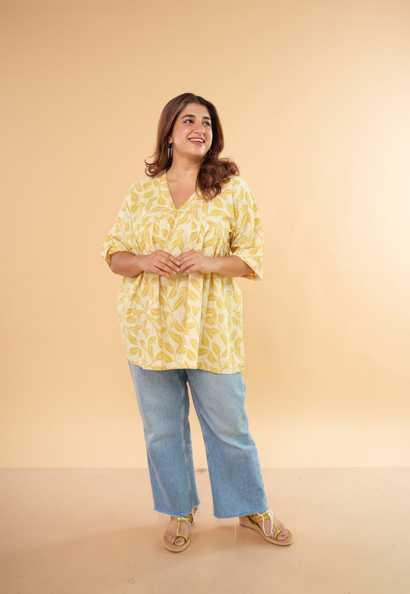 Purvi Yellow Hand Block Print Slub Cotton A Line Short Top