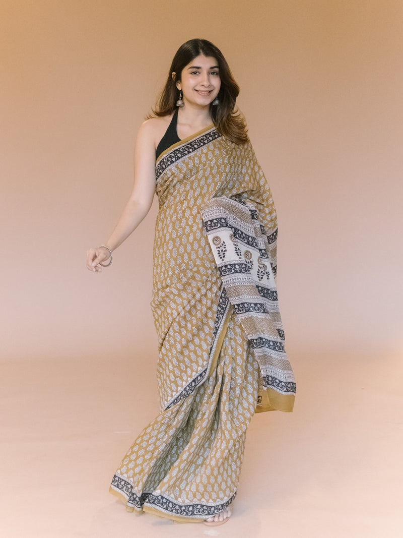 Yellow Butti Bagru Hand Block Print Modal Saree