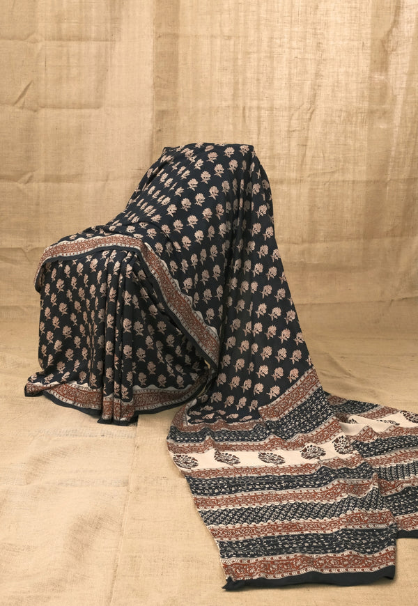 Black Butti Bagru Hand Block Print Modal Saree