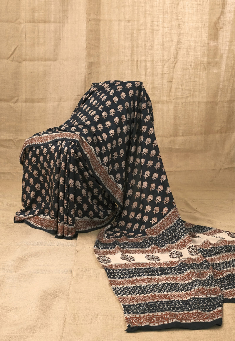 Black Butti Bagru Hand Block Print Modal Saree