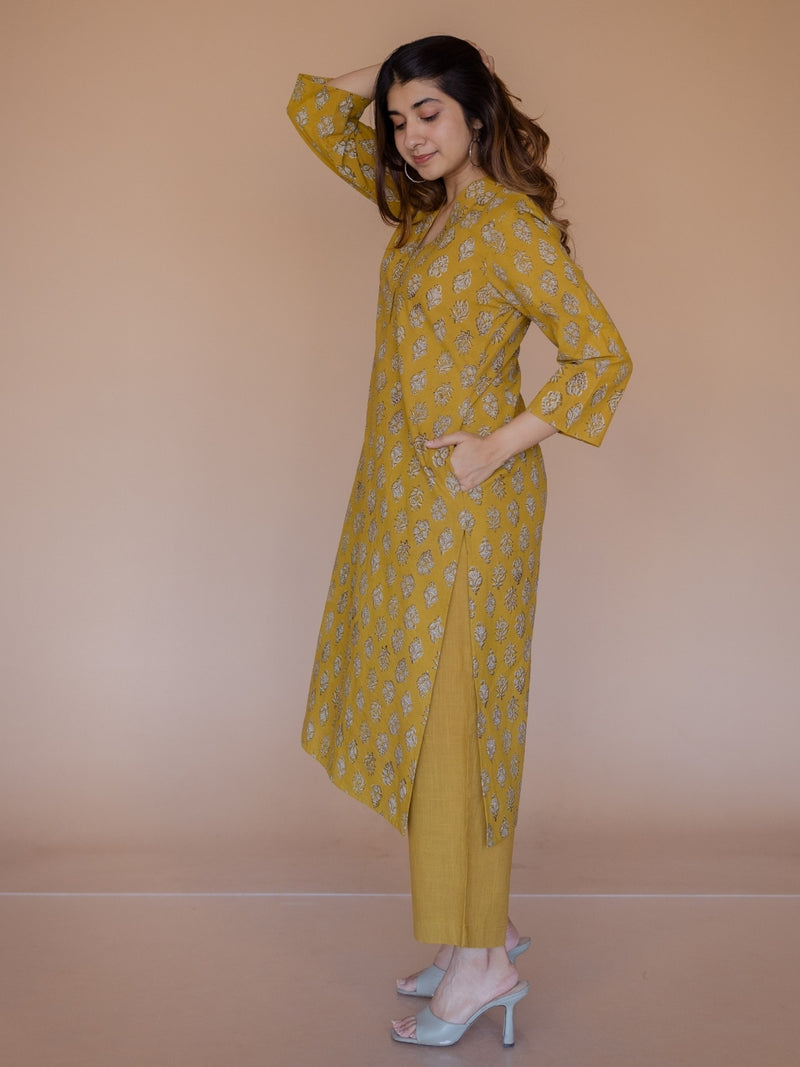 Avika Yellow Bagru Cotton Straight Kurta