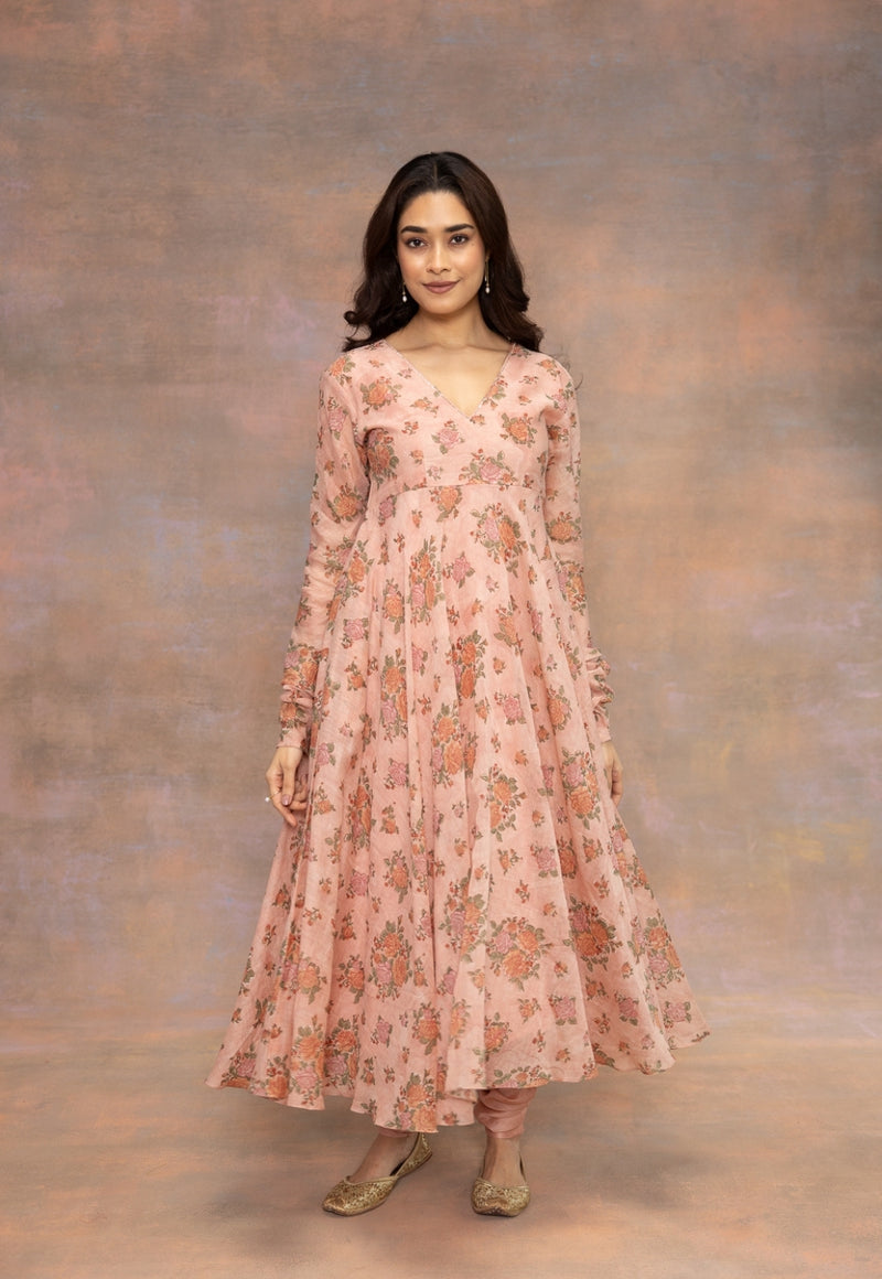 Rozhira Pink Sanganeri Chanderi Silk A Line Kurta with Hand Embroidery