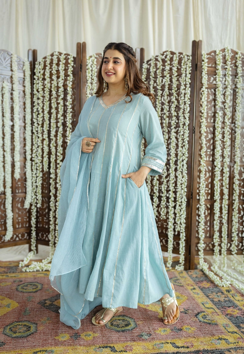 Advika Mulmul Cotton Powder Blue Kali Kurta Set (Set of 3)