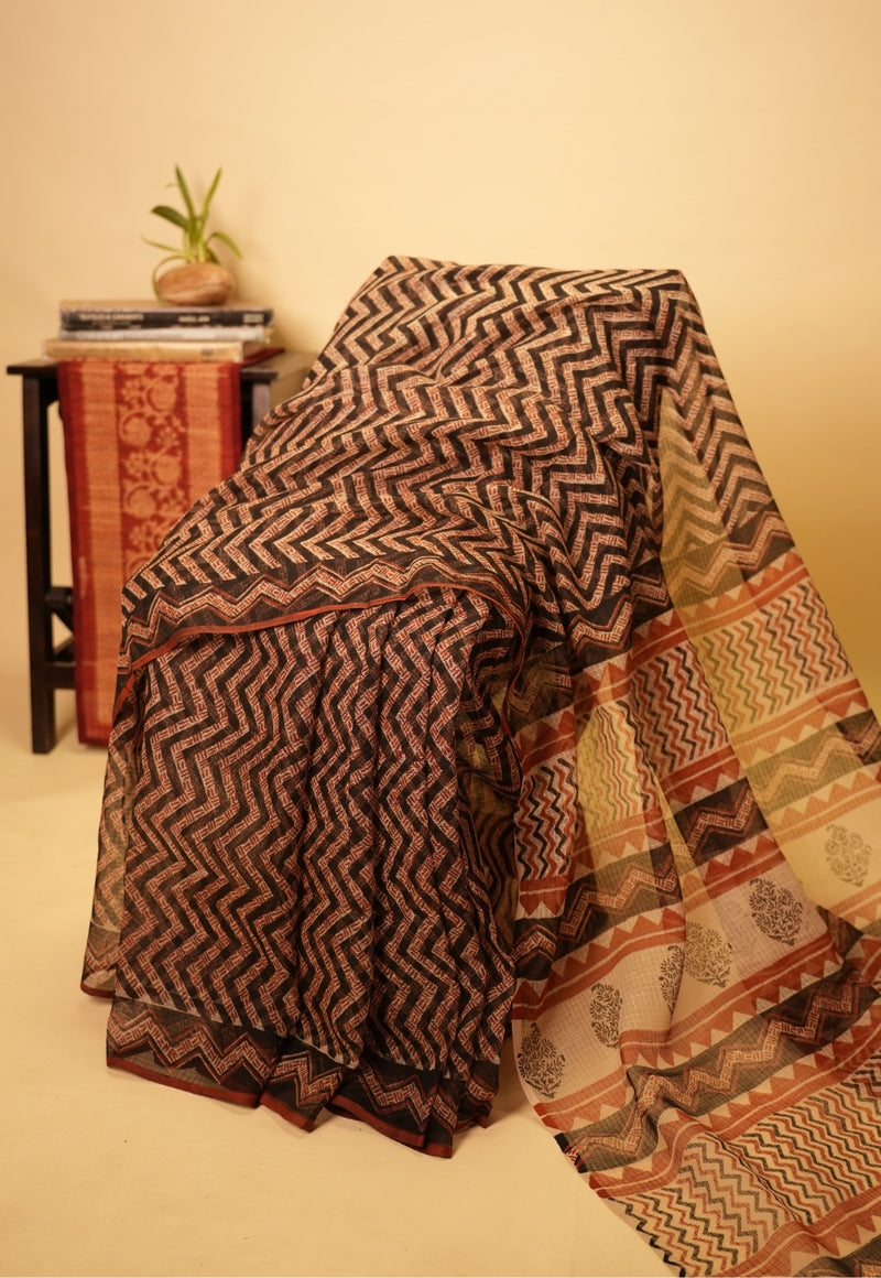 Black Chevron Bagru Hand Block Print Kota Doria Saree