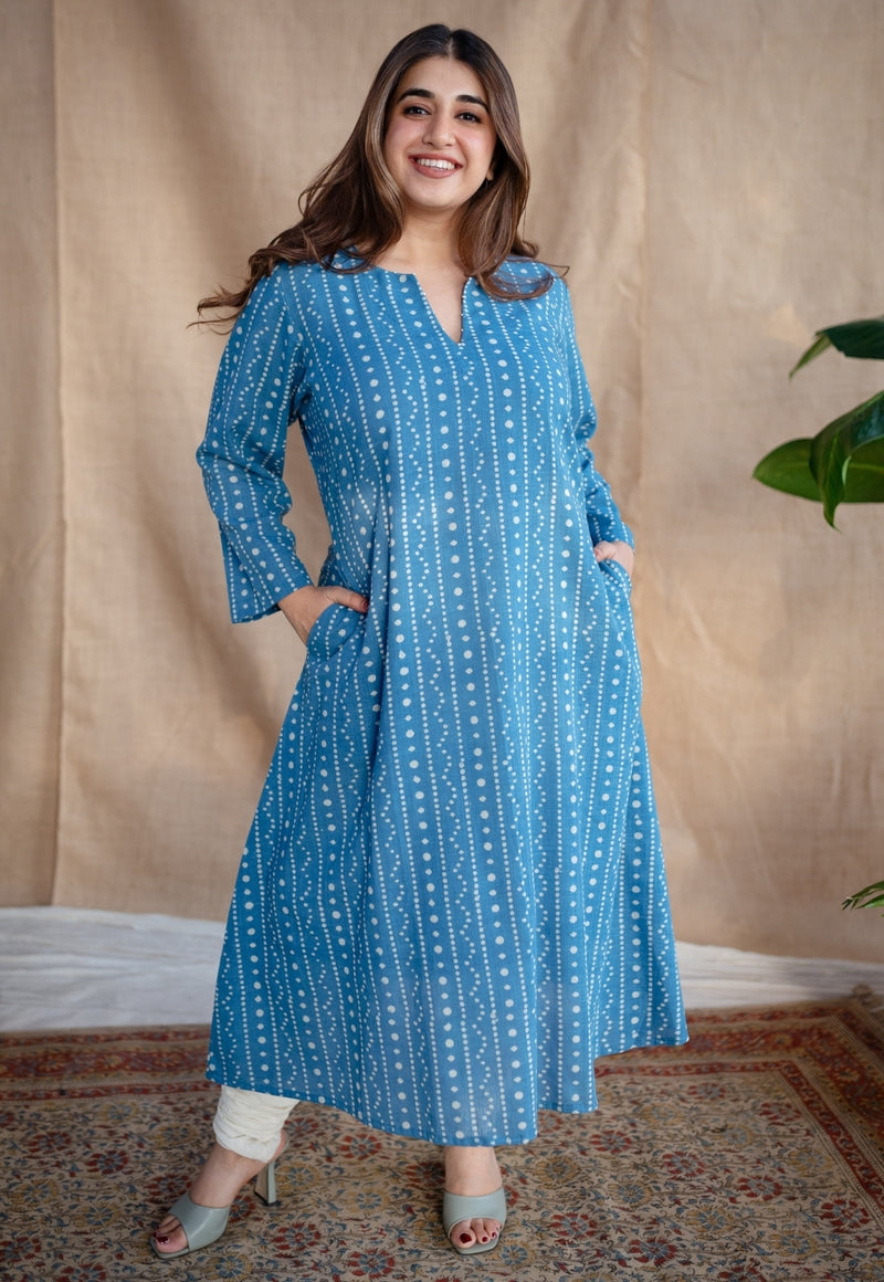 Shaili Indigo Dabu Slub Cotton A Line Kurta with Embroidery