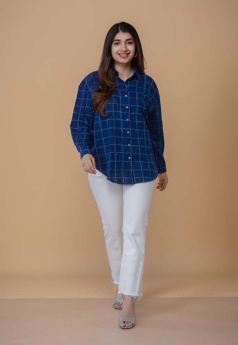 Ruhi Blue Dabu Slub Cotton Straight Short Top