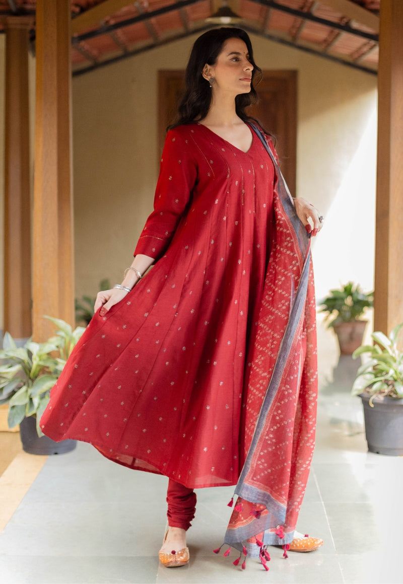 Madder Floral Line Ajrakh Chanderi Silk Dupatta