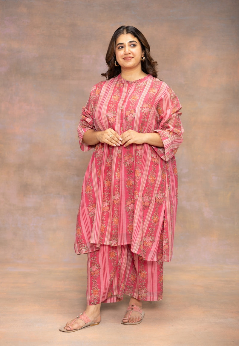 Rooz Pink Sanganeri Chanderi Silk Straight Kurta with Lace Detailing