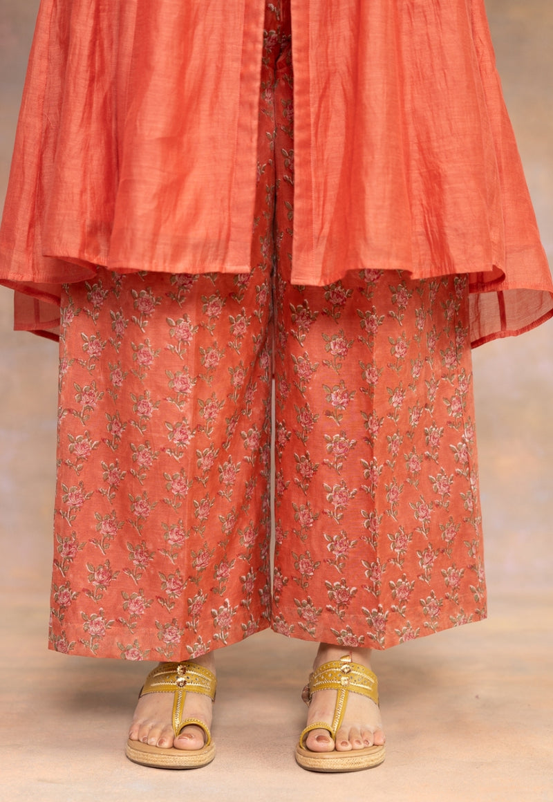 Rosa Orange Sanganeri Chanderi Silk Wide Pant