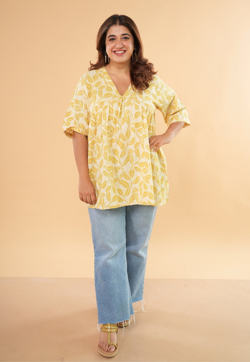 Purvi Yellow Hand Block Print Slub Cotton A Line Short Top