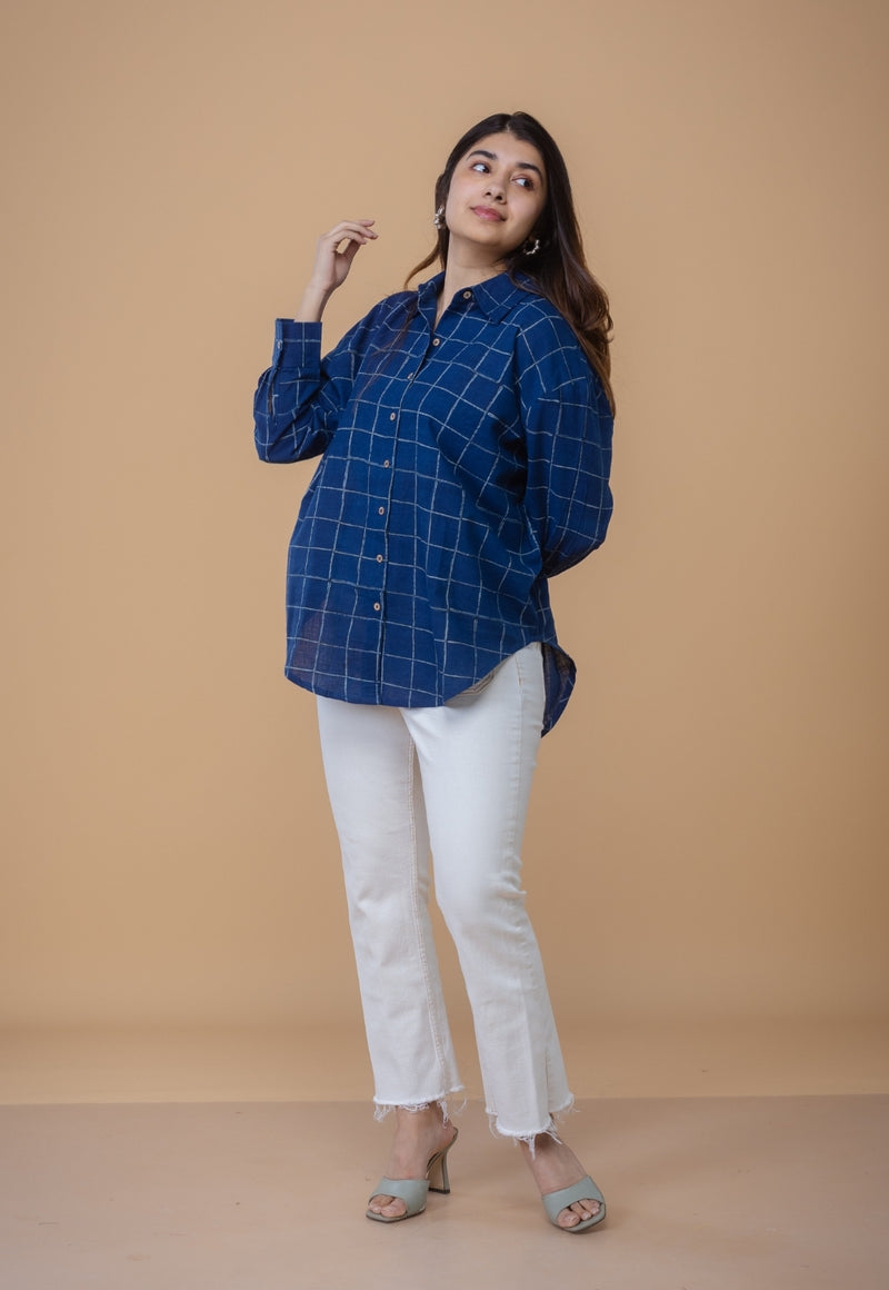 Ruhi Blue Dabu Slub Cotton Straight Short Top