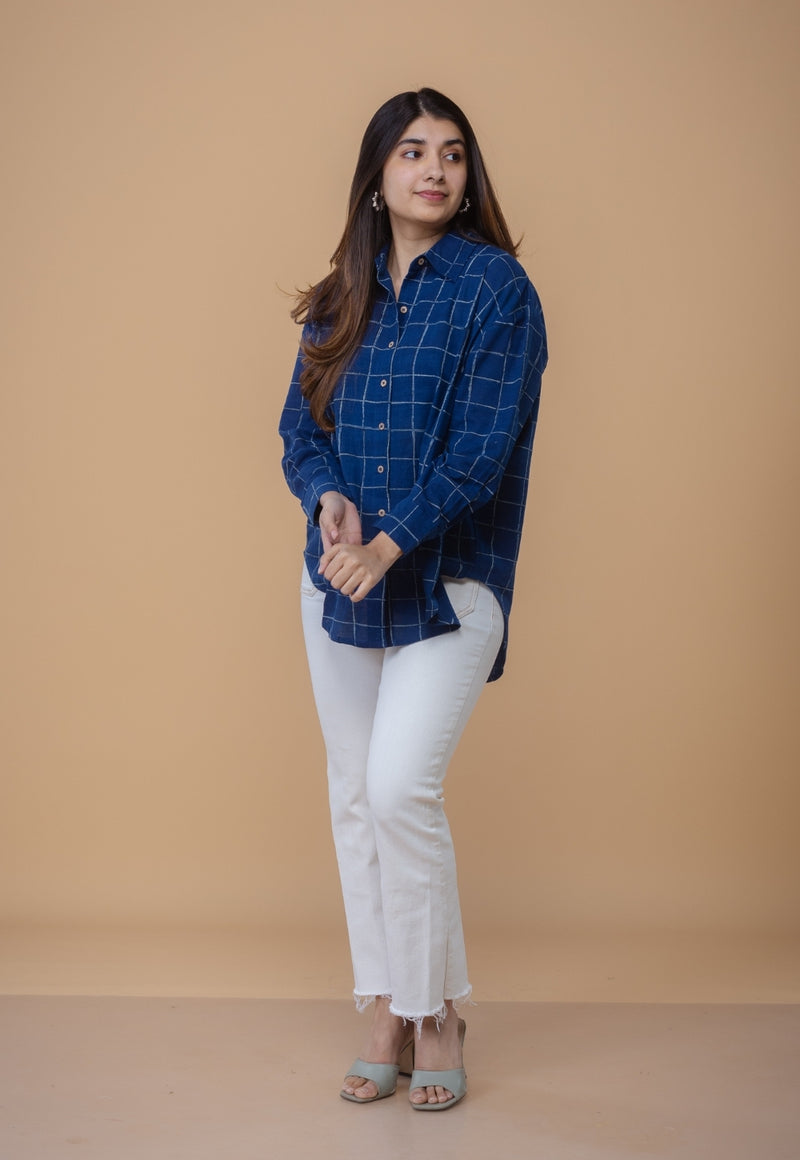 Ruhi Blue Dabu Slub Cotton Straight Short Top