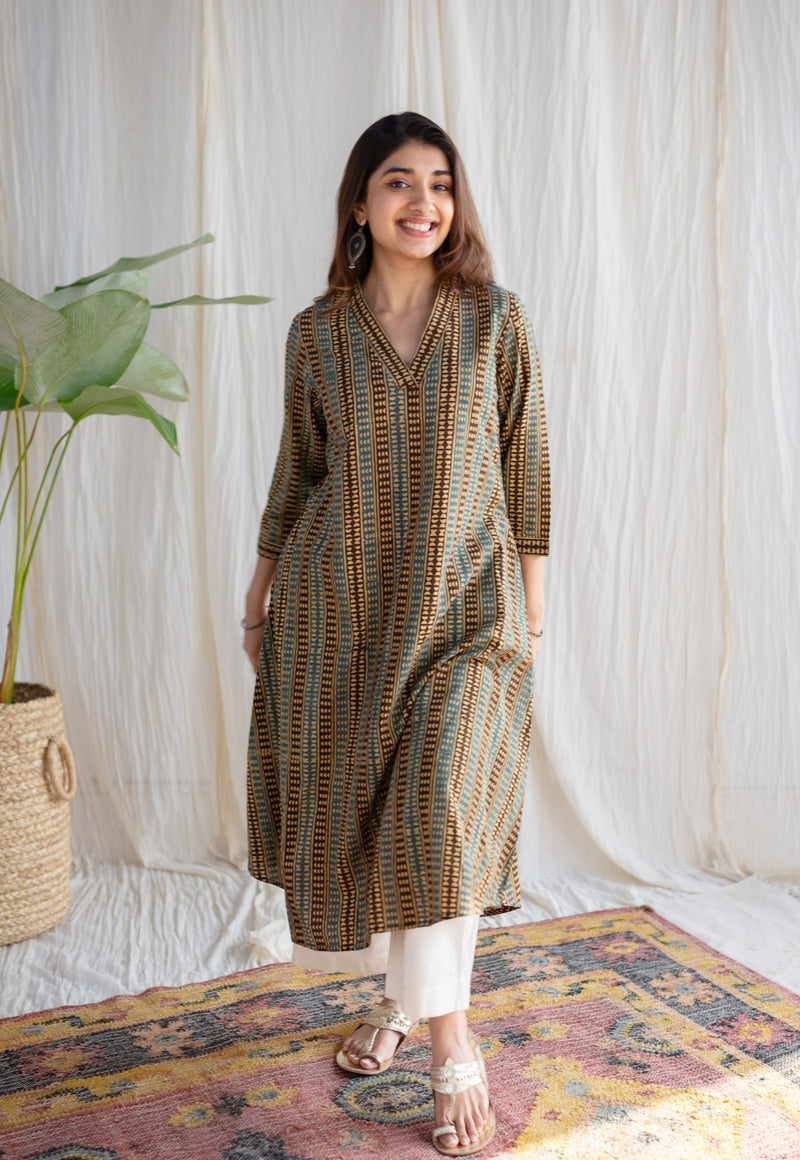 Zarin Charcoal A Line Ajrakh Cotton Kurta