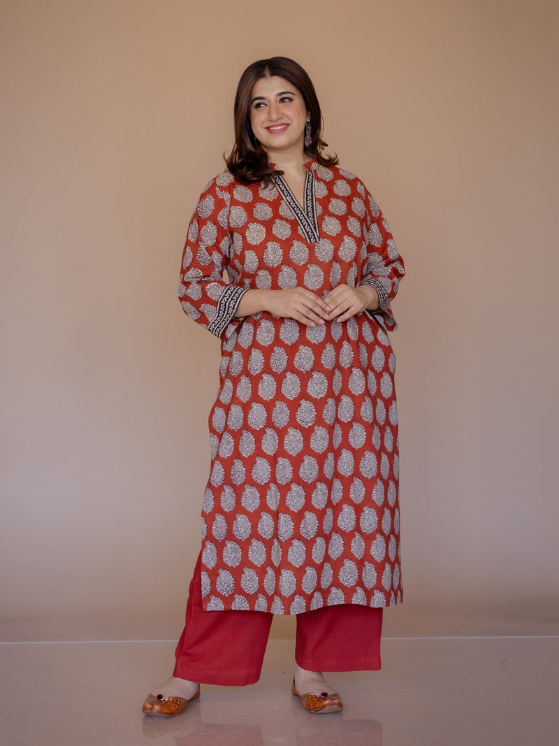 Dia Red Bagru Cotton Straight Kurta