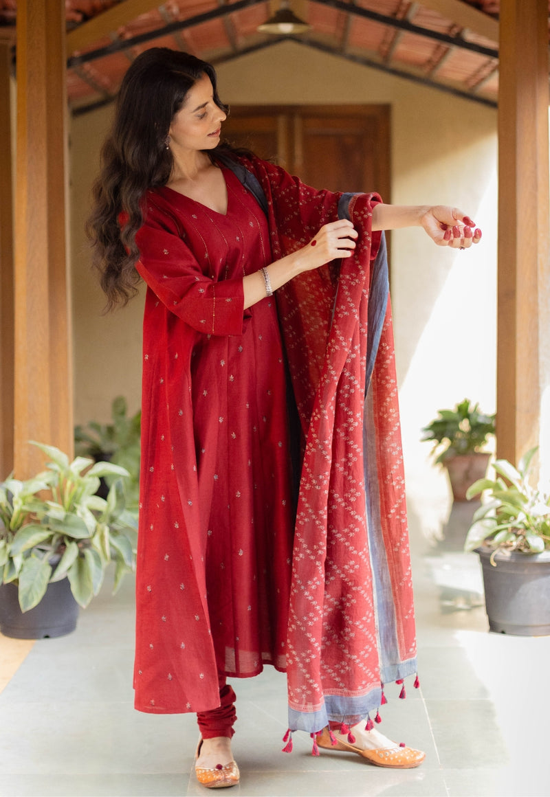 Madder Floral Line Ajrakh Chanderi Silk Dupatta