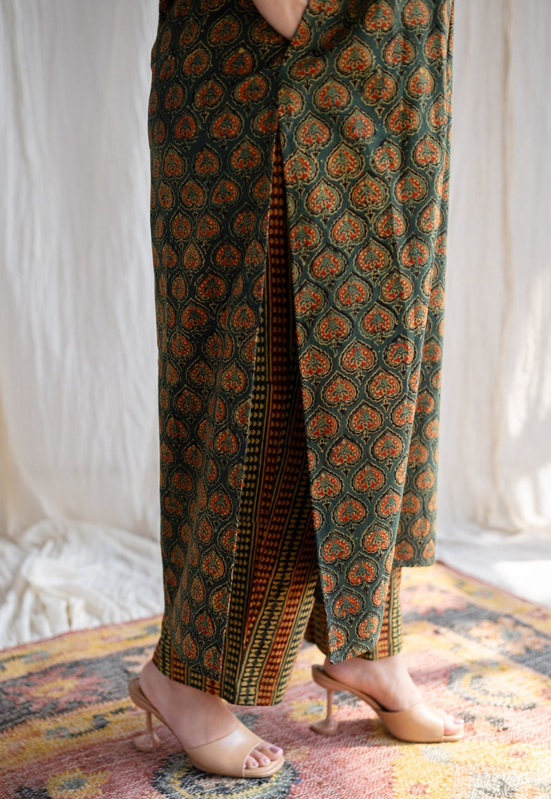 Yashi Green Straight Ajrakh Cotton Pant