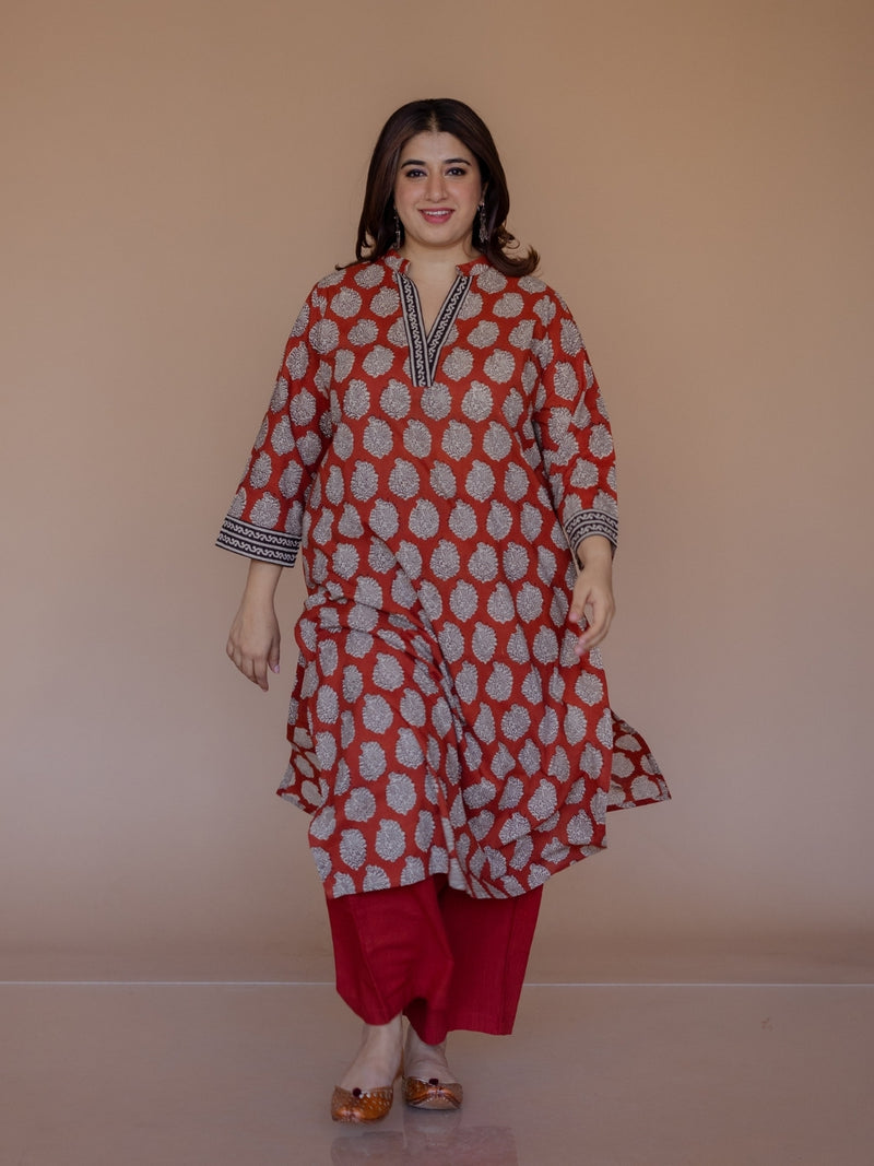 Dia Red Bagru Cotton Straight Kurta