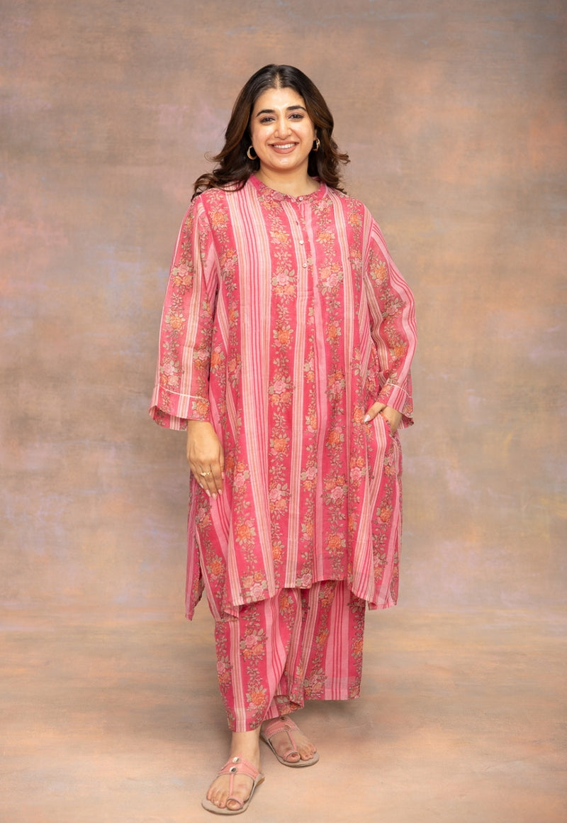 Rooz Pink Sanganeri Chanderi Silk Straight Kurta with Lace Detailing