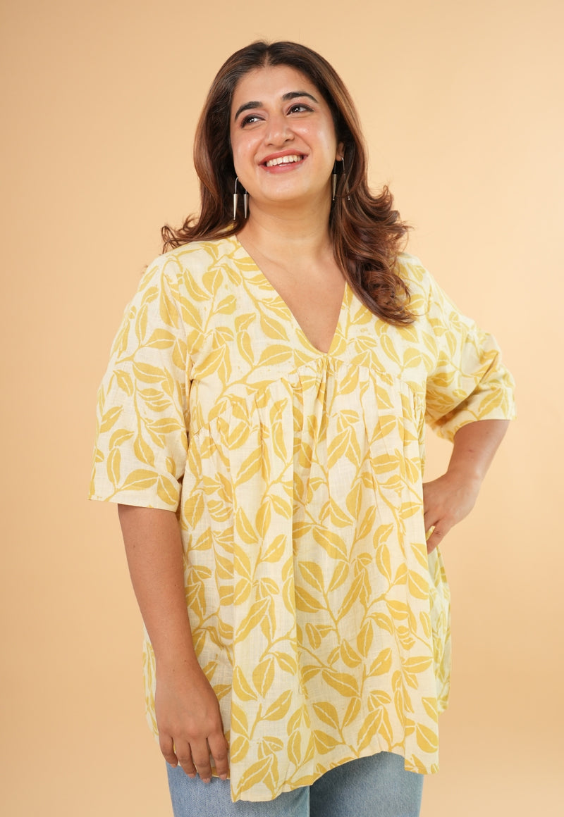 Purvi Yellow Hand Block Print Slub Cotton A Line Short Top