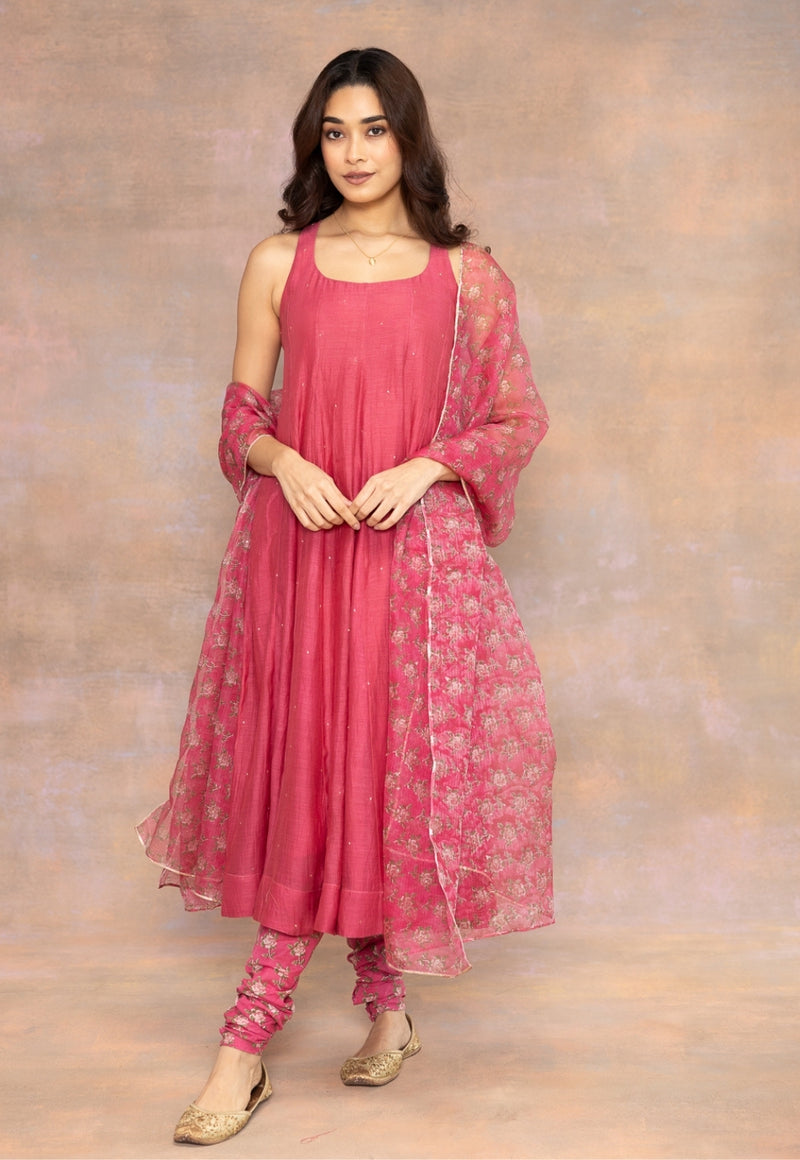 Gul Pink Solid Chanderi Silk Kali Kurta with Mukaish Detailing
