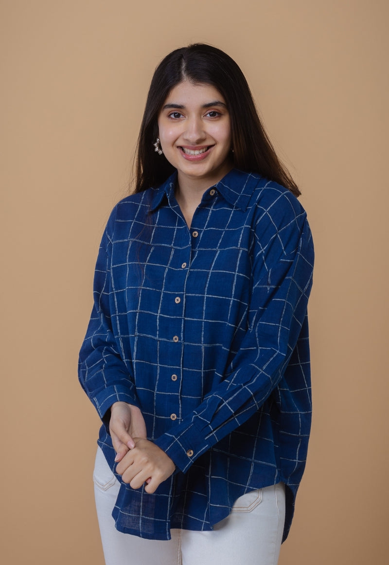 Ruhi Blue Dabu Slub Cotton Straight Short Top